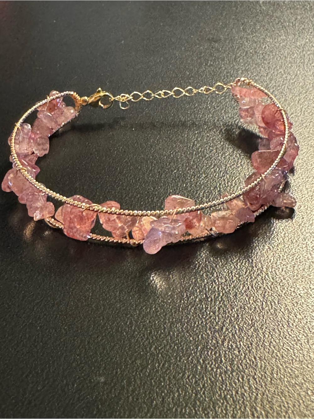 Lavender Jadeite Chip Gold Tone Wire Wrapped Cuff Bracelet